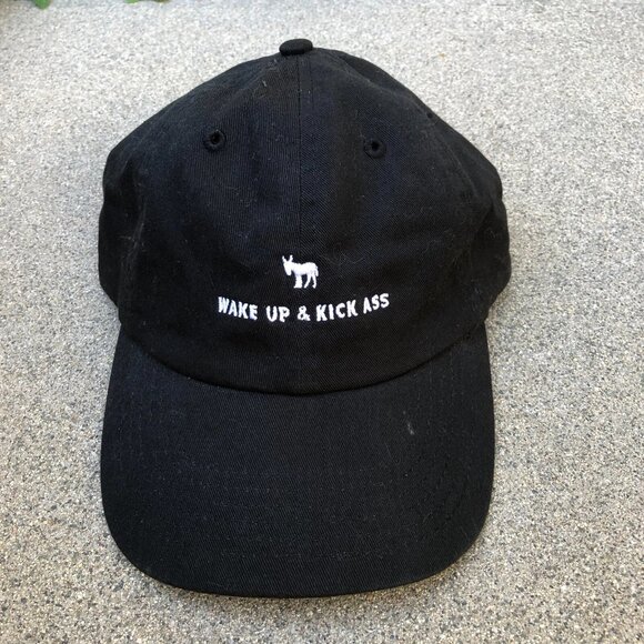 WAKE UP & KICK ASS Baseball Dad Hat Men's Black Adjustable Cap Donkey BRAND NEW - Picture 1 of 6